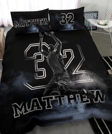 Personalized Basketball Duvet Cover Set, Basketball Boy Fog Player Gift Idea Black Duvet Cover & Pillowcases, Custom Name Number Bedding Set