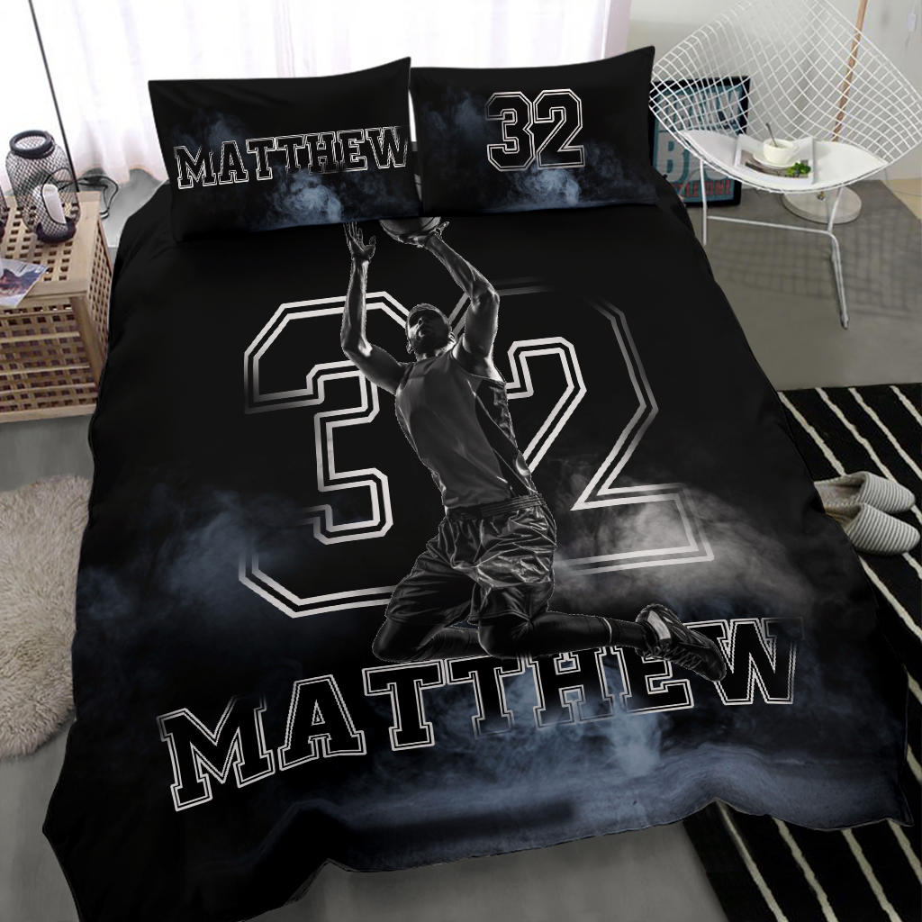 Personalized Basketball Duvet Cover Set, Basketball Boy Fog Player Gift Idea Black Duvet Cover & Pillowcases, Custom Name Number Bedding Set - Image 2
