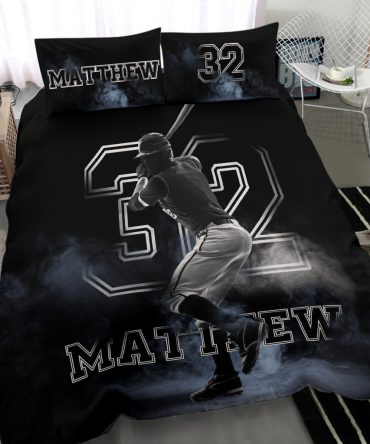 Personalized Baseball Duvet Cover Set, Baseball Fog Batter Player Gift Idea Black Duvet Cover & Pillowcases, Custom Name Number Bedding Set