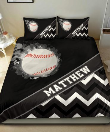 Personalized Baseball Duvet Cover Set, Baseball Ball Smoke Zig Zag Player Gift Black Duvet Cover & Pillowcases, Custom Name Bedding Set