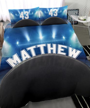 Personalized Hockey Duvet Cover Set, Hockey Puck Stadium Player Gift Idea Black Blue Duvet Cover & Pillowcases, Custom Name Bedding Set