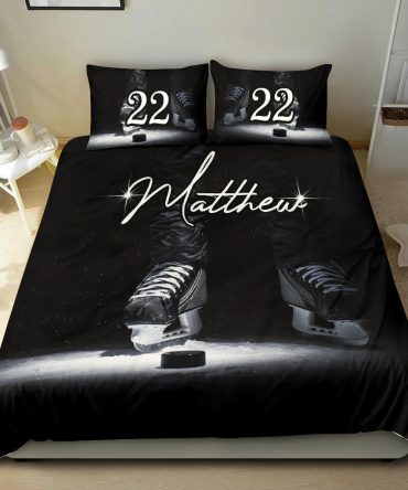 Personalized Hockey Duvet Cover Set, Hockey Shoes Skate Player Gift Idea Black Duvet Cover & Pillowcases, Custom Name Number Bedding Set