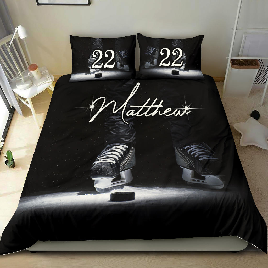 Personalized Hockey Duvet Cover Set, Hockey Shoes Skate Player Gift Idea Black Duvet Cover & Pillowcases, Custom Name Number Bedding Set - Image 2