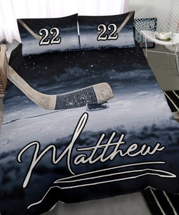 Personalized Hockey Duvet Cover Set, Ice Hockey Stick And Puck Player Gift Idea Duvet Cover & Pillowcases, Custom Name Number Bedding Set