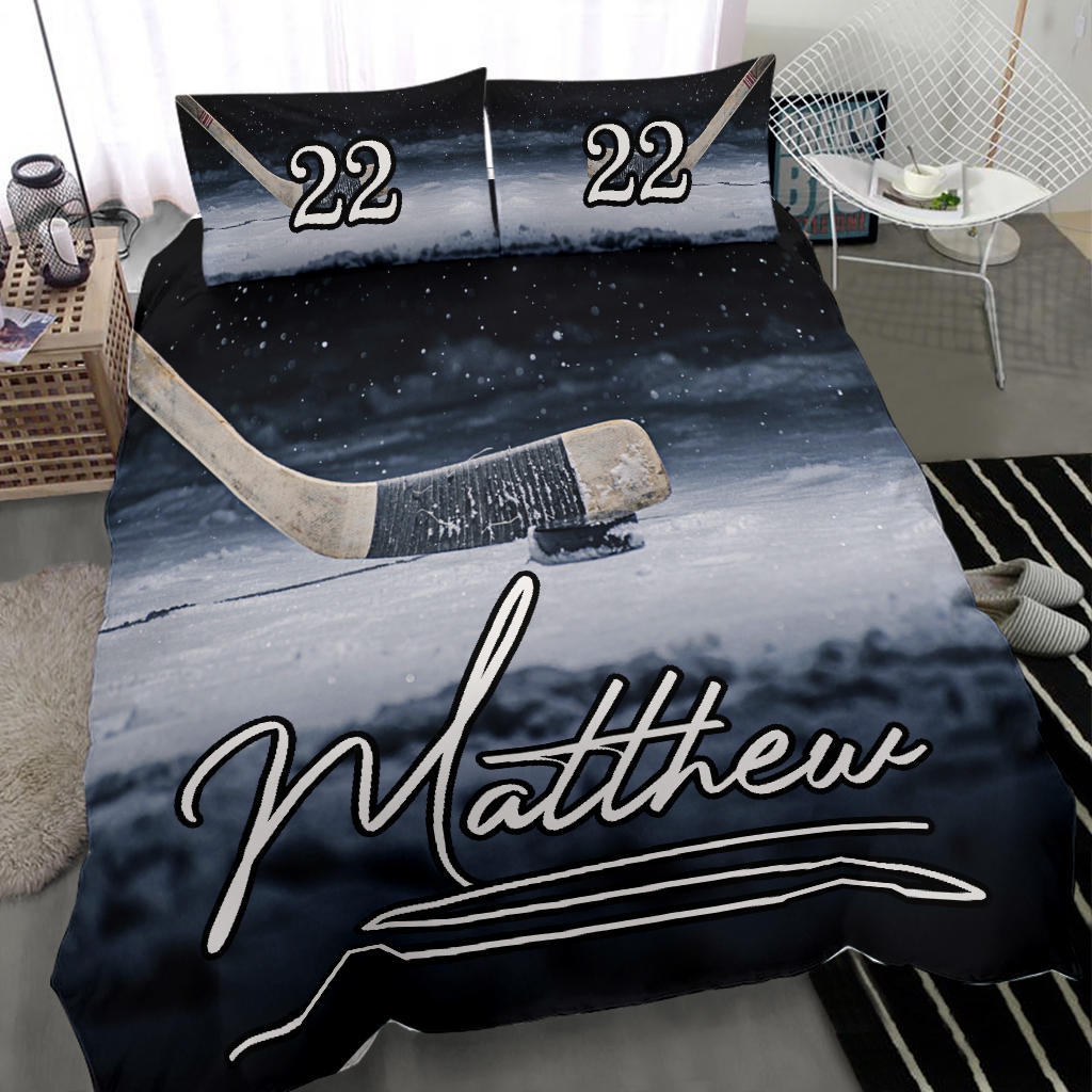Personalized Hockey Duvet Cover Set, Ice Hockey Stick And Puck Player Gift Idea Duvet Cover & Pillowcases, Custom Name Number Bedding Set
