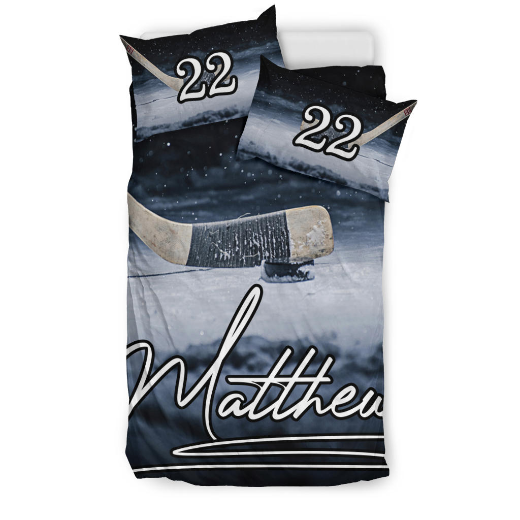 Personalized Hockey Duvet Cover Set, Ice Hockey Stick And Puck Player Gift Idea Duvet Cover & Pillowcases, Custom Name Number Bedding Set - Image 2