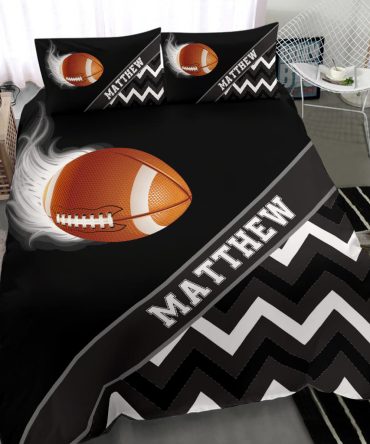 Personalized Football Duvet Cover Set, Football Ball Smoke Zig Zag Player Gift Black Duvet Cover & Pillowcases, Custom Name Bedding Set