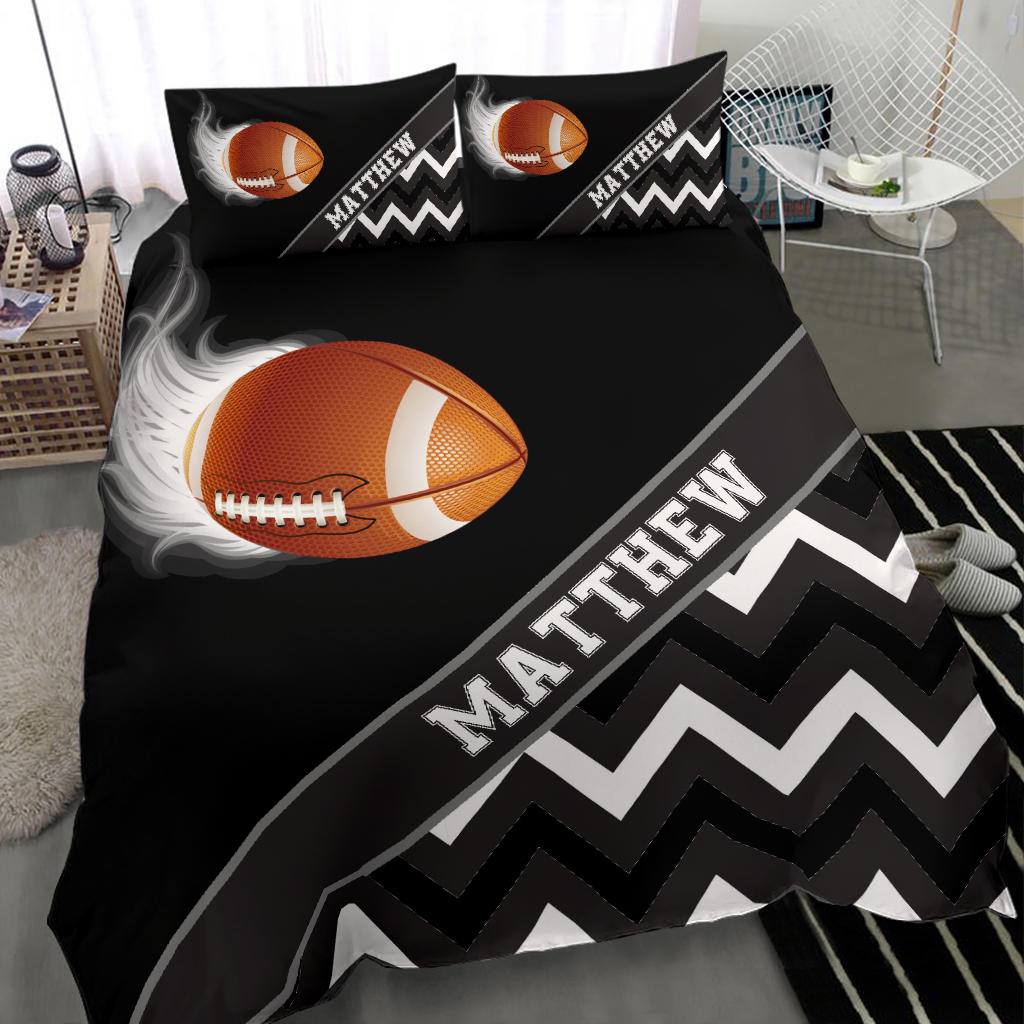 Personalized Football Duvet Cover Set, Football Ball Smoke Zig Zag Player Gift Black Duvet Cover & Pillowcases, Custom Name Bedding Set