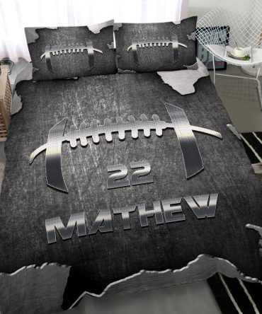 Personalized Football Duvet Cover Set, Football Ball Pattern Metal Player Gift Grey Duvet Cover & Pillowcases, Custom Name Number Bedding Set