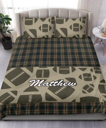 Personalized Football Duvet Cover Set, Football Ball Pattern Checkered Player Gift Idea Duvet Cover & Pillowcases, Custom Name Bedding Set
