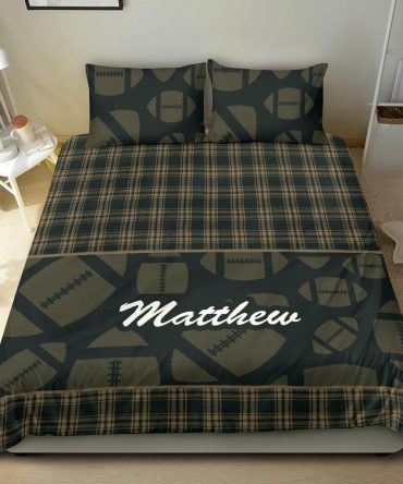 Personalized Football Duvet Cover Set, Football Ball Pattern Checkered Player Gift Wood Duvet Cover & Pillowcases, Custom Name Bedding Set