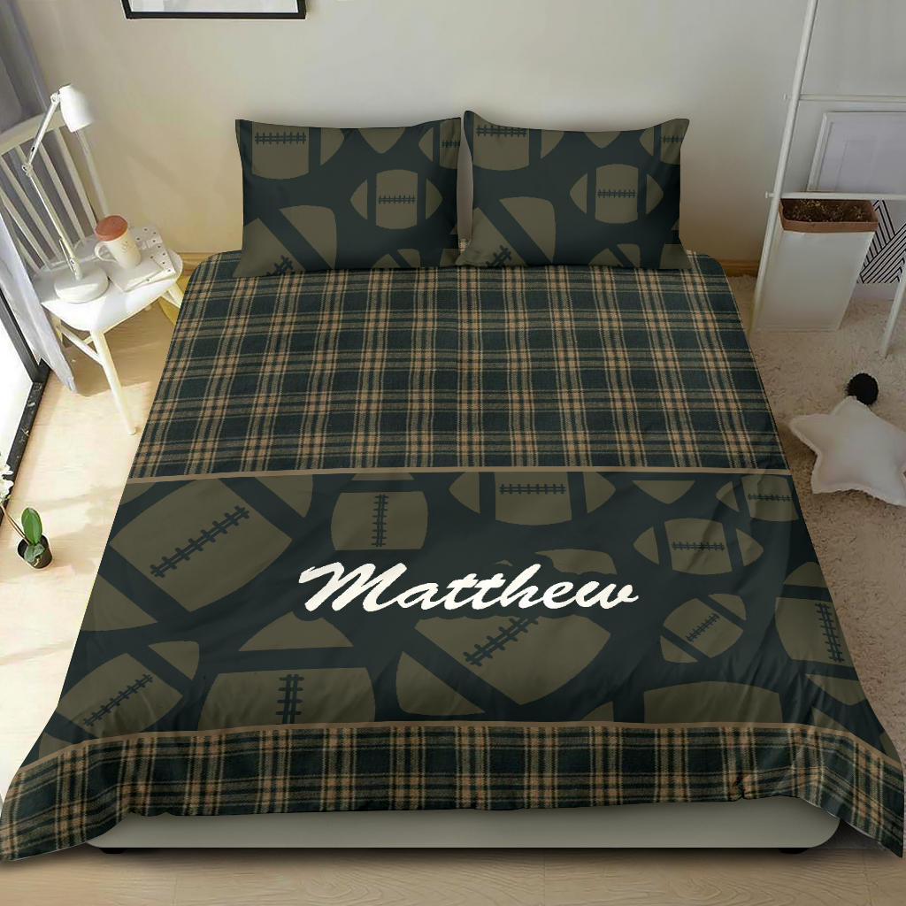 Personalized Football Duvet Cover Set, Football Ball Pattern Checkered Player Gift Wood Duvet Cover & Pillowcases, Custom Name Bedding Set - Image 2