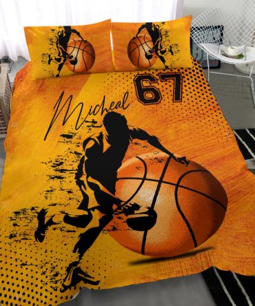 Personalized Basketball Duvet Cover Set, Basketball Boy Run Player Gift Idea Orange Duvet Cover & Pillowcases, Custom Name Number Bedding Set