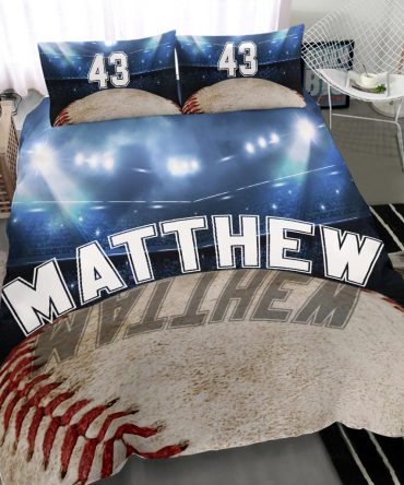 Personalized Baseball Duvet Cover Set, Baseball Ball Stadium Player Gift Idea Blue Duvet Cover & Pillowcases, Custom Name Number Bedding Set