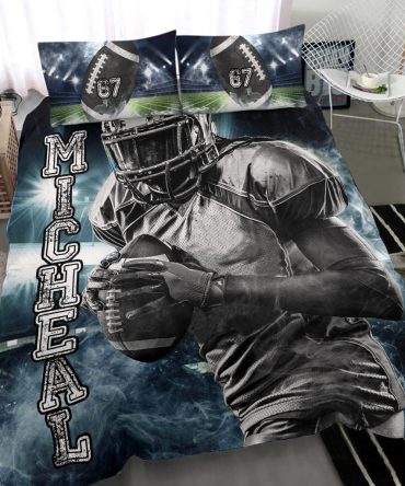 Personalized Football Duvet Cover Set, Football Boy Strong Player Gift Idea Blue Duvet Cover & Pillowcases, Custom Name Number Bedding Set