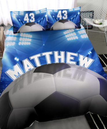Personalized Soccer Duvet Cover Set, Soccer Ball Stadium Player Gift Idea Blue Duvet Cover & Pillowcases, Custom Name Number Bedding Set