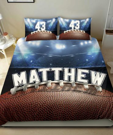 Personalized Football Duvet Cover Set, Football Ball Stadium Player Gift Idea Blue Duvet Cover & Pillowcases, Custom Name Number Bedding Set