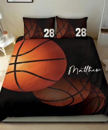 Personalized Basketball Duvet Cover Set, Basketball Ball Bounce Player Gift Black Duvet Cover & Pillowcases, Custom Name Number Bedding Set
