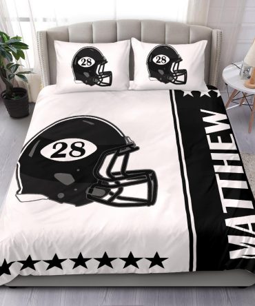 Personalized Football Duvet Cover Set, Football Helmet Black White Player Gift Idea Duvet Cover & Pillowcases, Custom Name Number Bedding Set
