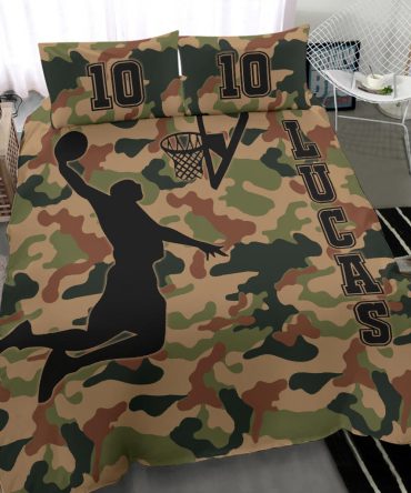 Personalized Basketball Duvet Cover Set, Basketball Boy Camouflage Vintage Player Fan Duvet Cover & Pillowcases, Custom Name Number Bedding Set