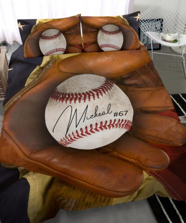 Personalized Baseball Duvet Cover Set, Baseball Ball Glove Vintage Us Flag Player Gift Duvet Cover & Pillowcases, Custom Name Bedding Set