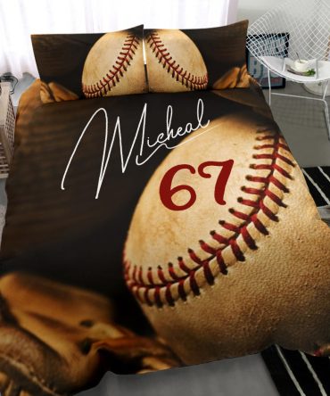 Personalized Baseball Duvet Cover Set, Baseball Glove Ball Vintage Player Gift Duvet Cover & Pillowcases, Custom Name Number Bedding Set