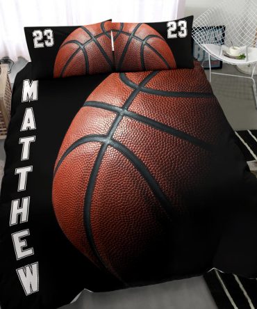 Personalized Basketball Duvet Cover Set, Basketball Ball Dark Player Gift Idea Duvet Cover & Pillowcases, Custom Name Number Bedding Set