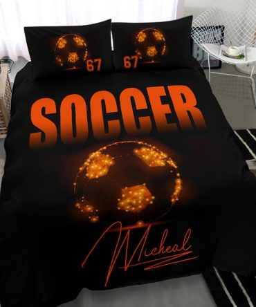 Personalized Soccer Duvet Cover Set, Soccer Ball Light Orange Player Gift Idea Duvet Cover & Pillowcases, Custom Name Number Bedding Set