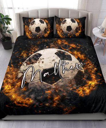 Personalized Soccer Duvet Cover Set, Soccer Ball On Fire Player Gift Idea Black Duvet Cover & Pillowcases, Custom Name Bedding Set