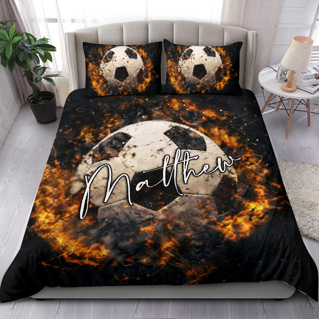 Personalized Soccer Duvet Cover Set, Soccer Ball On Fire Player Gift Idea Black Duvet Cover & Pillowcases, Custom Name Bedding Set