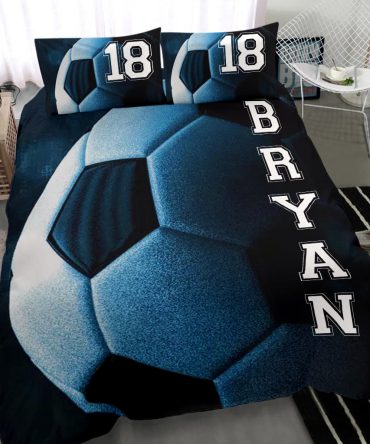 Personalized Soccer Duvet Cover Set, Soccer Ball Dream Player Gift Idea Blue Duvet Cover & Pillowcases, Custom Name Number Bedding Set