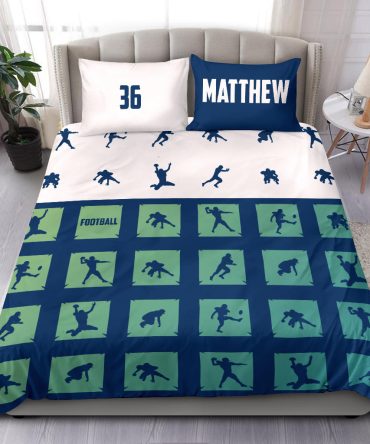 Personalized Football Duvet Cover Set, Football In Boxes Player Gift Idea Turquoise Duvet Cover & Pillowcases, Custom Name Number Bedding Set