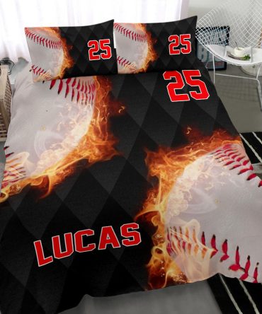 Personalized Baseball Duvet Cover Set, Baseball Fire Ball Player Gift Idea Black Duvet Cover & Pillowcases, Custom Name Number Bedding Set
