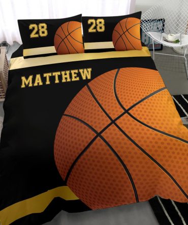 Personalized Basketball Duvet Cover Set, Basketball Gold Ball Player Gift Idea Black Duvet Cover & Pillowcases, Custom Name Number Bedding Set