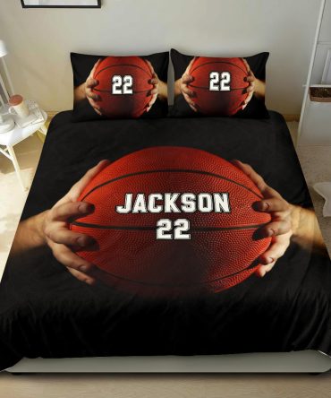 Personalized Basketball Duvet Cover Set, Basketball Hand Ball Player Gift Idea Black Duvet Cover & Pillowcases, Custom Name Number Bedding Set