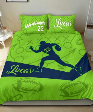 Personalized Football Duvet Cover Set, Football Green Running Player Gift Idea Duvet Cover & Pillowcases, Custom Name Number Bedding Set