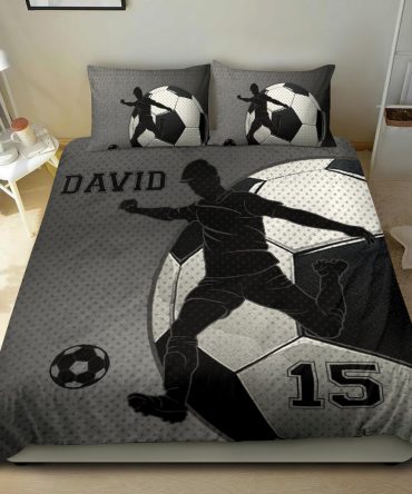 Personalized Soccer Duvet Cover Set, Soccer Boy Ball Classic Player Gift Black Duvet Cover & Pillowcases, Custom Name Number Bedding Set