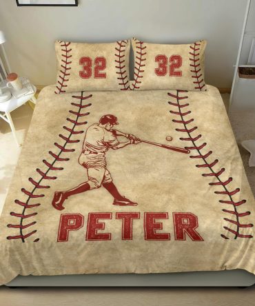 Personalized Baseball Duvet Cover Set, Baseball Players Vintage Batter Gift Idea Duvet Cover & Pillowcases, Custom Name Number Bedding Set