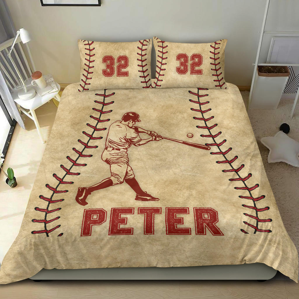Personalized Baseball Duvet Cover Set, Baseball Players Vintage Batter Gift Idea Duvet Cover & Pillowcases, Custom Name Number Bedding Set