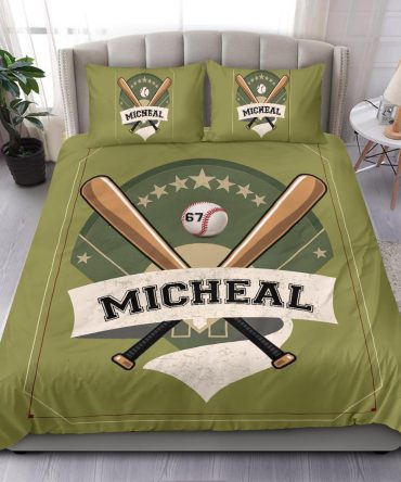 Personalized Baseball Duvet Cover Set, Baseball Star Ball Player Gift Idea Green Duvet Cover & Pillowcases, Custom Name Number Bedding Set