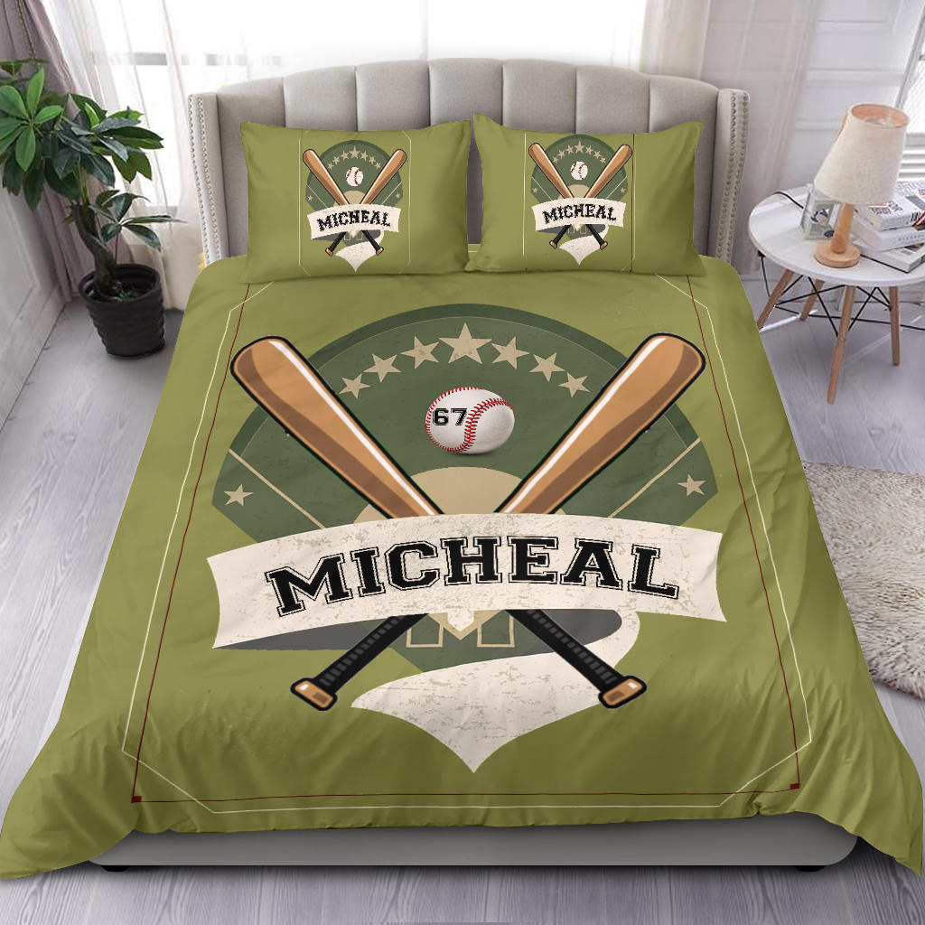 Personalized Baseball Duvet Cover Set, Baseball Star Ball Player Gift Idea Green Duvet Cover & Pillowcases, Custom Name Number Bedding Set