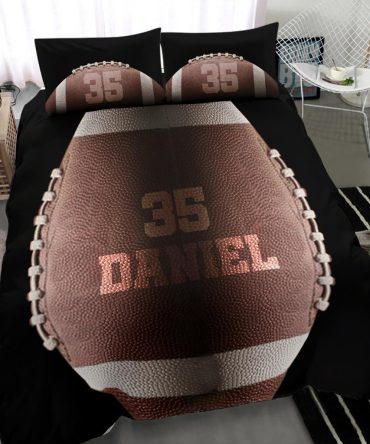 Personalized Football Duvet Cover Set, Football Ball Dark 3D Player Gift Idea Black Duvet Cover & Pillowcases, Custom Name Number Bedding Set