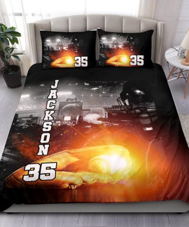 Personalized Baseball Duvet Cover Set, Baseball Glove Light Up Player Gift Idea Duvet Cover & Pillowcases, Custom Name Number Bedding Set