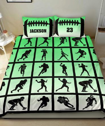 Personalized Football Duvet Cover Set, America Football Pose Green Player Gift Idea Duvet Cover & Pillowcases, Custom Name Number Bedding Set