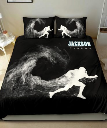 Personalized Football Duvet Cover Set, Football Smoke Running Player Gift Idea Black Duvet Cover & Pillowcases, Custom Name Bedding Set