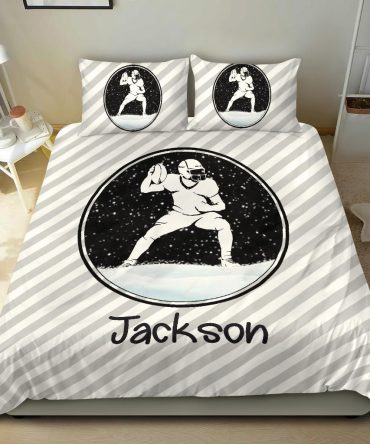 Personalized Football Duvet Cover Set, Football Snow Stripe Pattern Player Gift White Duvet Cover & Pillowcases, Custom Name Bedding Set