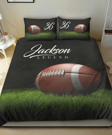 Personalized Football Duvet Cover Set, Football Ball On Grass Vintage Player Gift Duvet Cover & Pillowcases, Custom Name Number Bedding Set