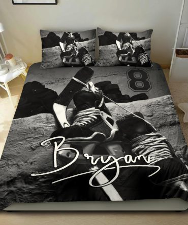 Personalized Hockey Duvet Cover Set, Hockey Vintage Player Gift Idea Black Duvet Cover & Pillowcases, Custom Name Number Bedding Set