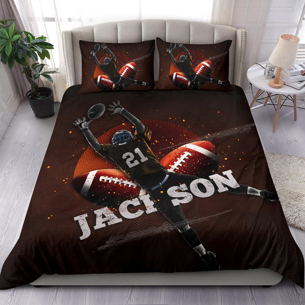 Personalized Football Duvet Cover Set, Football Ball Catching Player Gift Idea Duvet Cover & Pillowcases, Custom Name Number Bedding Set - Image 2
