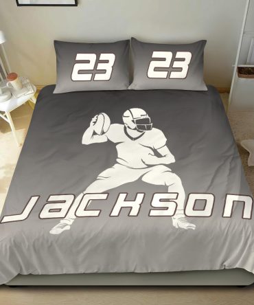 Personalized Football Duvet Cover Set, Football Grey Player Posing Gift Idea Duvet Cover & Pillowcases, Custom Name Number Bedding Set